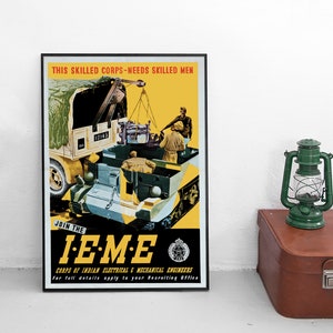Cartel de reclutamiento de la India "Cuerpo de Ingenieros Eléctricos y Mecánicos de la India". Impresión mural de propaganda de la Segunda Guerra Mundial (Reino Unido/Gran Bretaña).
