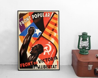 Cartel de la Guerra Civil Española "Frente Popular. Frente de la Victoria y la Libertad". Impresión mural de la República Española. Propaganda, antifascismo, comunismo.