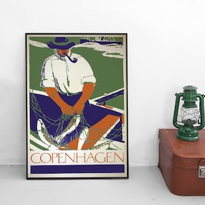 Denmark Travel Poster Copenhagen Fisherman home decor Wall Art vintage Wall Print Birthday Gift Idea