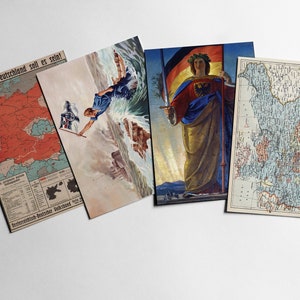 4 Postkarten: Landkarte Deutsches Reich, Der letzte Mann, Germania, 1. Weltkrieg