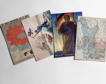 May include: Four vintage postcards depicting maps and illustrations related to Germany. The first postcard shows a map of Germany with the text "Das ganze Deutschland soll es sein!" The second postcard shows a woman in a blue dress standing on a wave with a flag in her hand. The third postcard shows a woman in a yellow dress holding a flag with a crown and eagle. The fourth postcard shows a map of Germany with a blue and green color scheme.