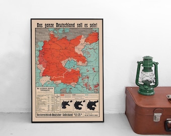 Map &quot;The whole Germany it should be!&quot; 1920 German Empire Poster Propaganda First World War Patriotism WWI Wall Print Volksdeutsche