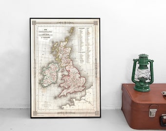 Plakat z mapą Wysp Brytyjskich z 1852 r.: Sztuka Wielkiej Brytanii w stylu vintage