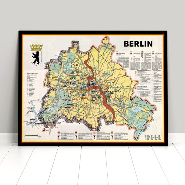 Carte de Berlin des années 1980 (Berlin Est et Ouest) / Mur de Berlin / vintage / affiche / Allemagne / RDA / vintage