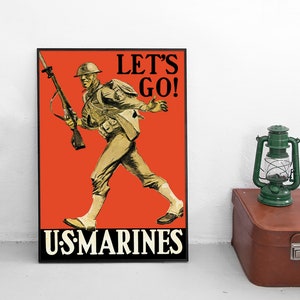 Recruitment Poster USA &quot;Let&#39;s go! US Marines&quot; motivation Second World War Patriotism World war I WWI Wall Print Propaganda us Army