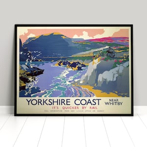 Poster UK Yorkshire Coast near Whitby. It&#39;s quicker by rail. British Railways Print home decor Wall Print Travel Travelling