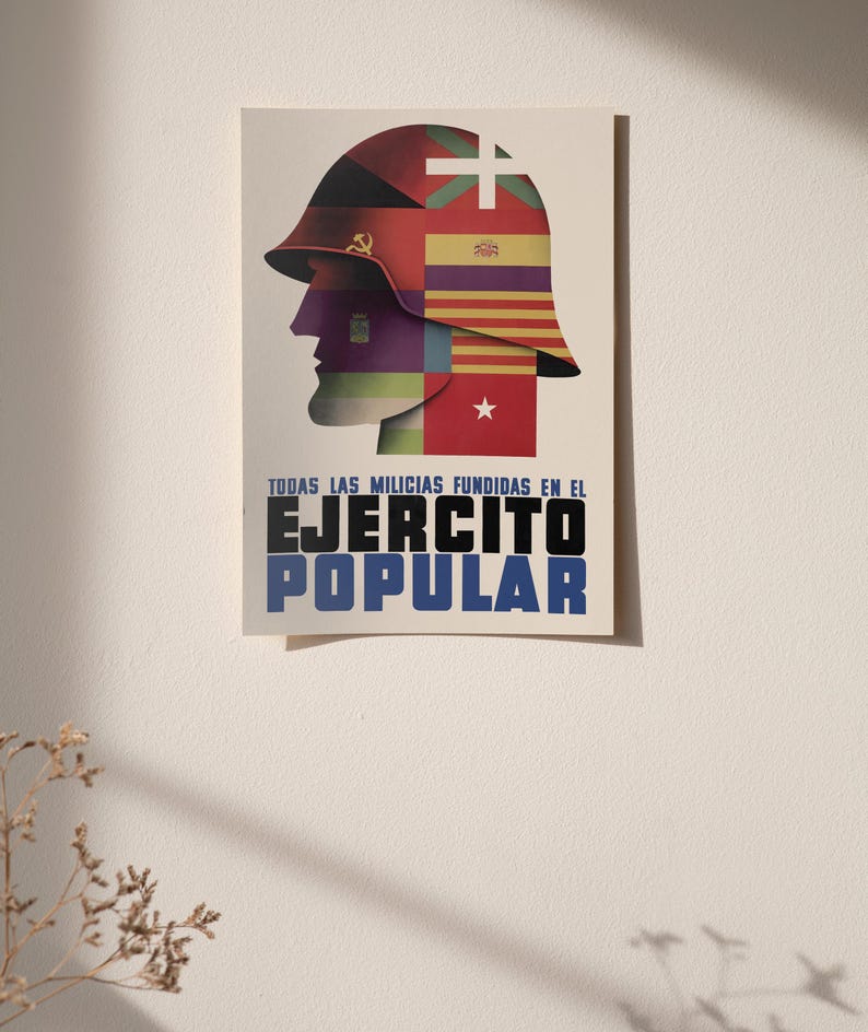 Cartel de propaganda de la Guerra Civil Española "Todas las fuerzas unidas en el ejército popular" Gobierno del Frente Popular Republicano Guerra civil España imagen 3