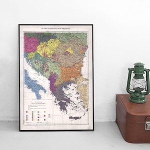 Kaart van de Balkan in oorlogstijd / volkeren, talen, etniciteit / etnische groepen / vintage / poster / Joegoslavië / WO II / Tweede Wereldoorlog