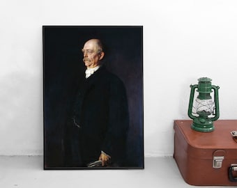 May include: A framed portrait painting of a bald individual with a mustache, wearing a dark coat and white cravat, positioned next to a green metal lantern and a brown leather suitcase. The painting features a dark background and realistic details.