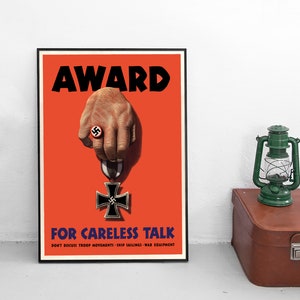 Póster de propaganda de la Segunda Guerra Mundial, EE. UU. "Premio a la charla descuidada", Espías, Marina, Patriotismo de la Segunda Guerra Mundial, Impresión artística de pared de la Segunda Guerra Mundial, Espía