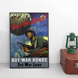 Poster USA &quot;Back the attack&quot; Paratroopers Airborne war effort motivation Second World War Patriotism WWII WW2 Art Wall Print Propaganda