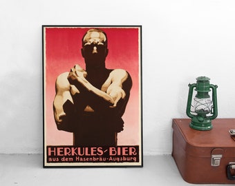 Póster de cerveza Herkules de los años 30: Impresión de arte publicitario alemán vintage de Ludwig Hohlwein