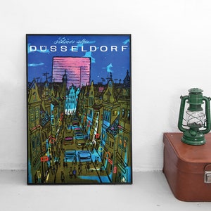 Reisposter &quot;Düsseldorf&quot; Duitsland stad / muurkunst vintage muurafdruk verjaardagscadeau idee Noord-Rijnland-Westfalen NRW Düsseldorf