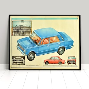 Puede incluir: Una ilustración vintage de un coche azul, un coche rojo y el interior de un coche azul. La ilustración está sobre un fondo beige claro con el texto "1" en la esquina superior derecha.
