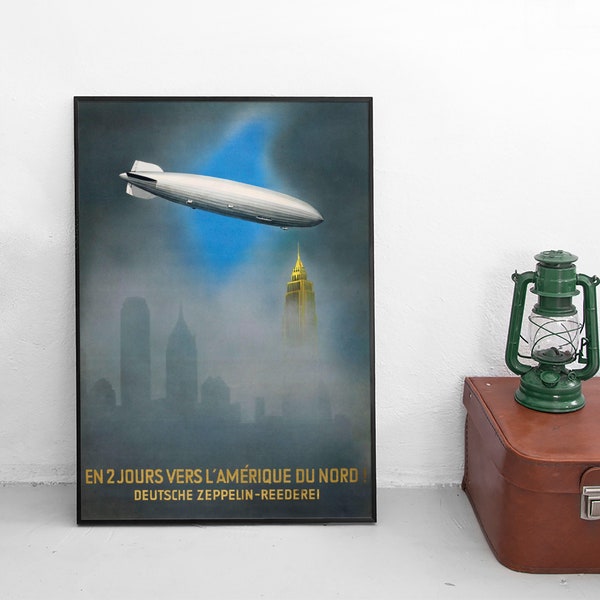 Deutsch-Französisches Zepplin Werbeplakat -In zwei Tagen über den Atlantik- Poster Kunstdruck Werbung Werbeplakat 1930er Luftfahrt