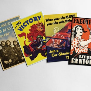 4 postales: carteles de propaganda de los aliados de la Segunda Guerra Mundial (Unión Soviética, EE. UU., Gran Bretaña, Reino Unido, Inglaterra y Canadá)