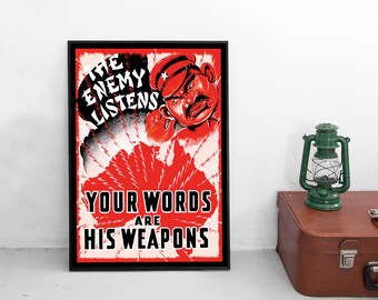 Australische propagandaposter uit de Tweede Wereldoorlog: "De vijand luistert" anti-Japanse prent