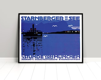 Travel Poster advertisement Germany Ludwig Hohlwein Starnberg Lake Bavaria Munich home decor Wall Art vintage Wall Print Birthday Gift Idea