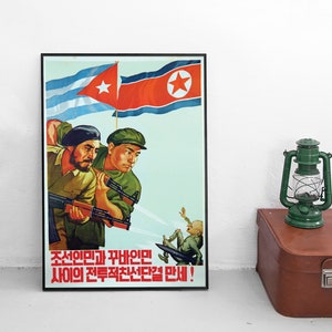 Propaganda Poster Cuban North Korean Friendship Fidel Castro Socialism Che Guevara Vintage Art Wall Print Home Decor North Korea