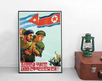 Plakat propagandowy „Przyjaźń Połnocnej Korei i Kuby” Fidel Castro | Socjalizm | Che Guevara | Wystrój | Komunizm | Grafika ścienna