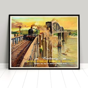 Poster UK &quot;Royal Albert Bridge, Saltash&quot; Steam Train. British Railways Print home decor Wall Print Travel Travelling