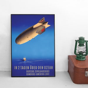 Cartel publicitario de un zepelín alemán ¡En dos días a través del océano! Arte de pared vintage de los años 30, decoración del hogar