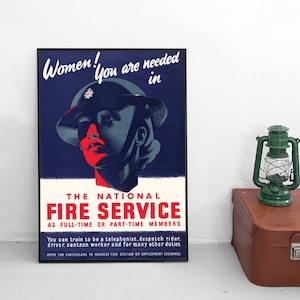 Cartel de propaganda de Gran Bretaña: "Mujeres, únanse a los bomberos". Servicio Nacional. Segunda Guerra Mundial. Patriotismo. Impresión mural. Reino Unido.