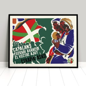 Spanisches Bürgerkriegsplakat ""Katalanen: Danke für Ihre Hilfe, Basken"" Kriegskunst Wanddruck Werbung Euzkadi."