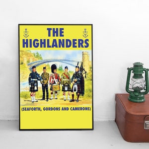 Cartel de reclutamiento de Gran Bretaña "Highlanders (Seaforth, Gordons y Camerons)" / Impresión de pared propaganda británico uk gb Escocia