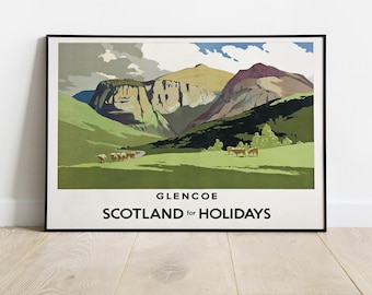 Póster de Glencoe, Escocia: Lámina de viaje vintage, Naturaleza de las Tierras Altas