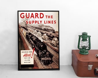 Poster 2. Weltkrieg USA Plakat "Beschützt die Nachschublinien" Panzer Produktion Kunstdruck Propaganda Militaria Versorgungslinien