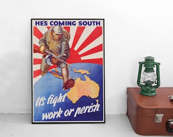 Propagandaposter uit de Tweede Wereldoorlog: "Hij komt naar het zuiden" anti-Japanse kunstprint