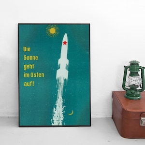 Cartaz de propaganda da RDA - O sol nasce no leste! - Impressão da RDA da Alemanha Oriental, decoração para casa, arte de parede, impressão de parede vintage