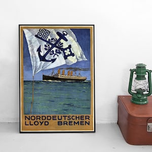 Poster advertisement travels with Norddeutscher Lloyd Bremen Ship shipping Cruise vintage Wall Print Gift Idea maritime