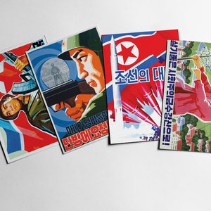 4 postales: carteles de propaganda de Corea del Norte (comunismo, socialismo)