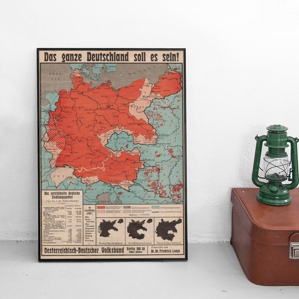 Map "The whole Germany it should be!" 1920 German Empire Poster Propaganda First World War Patriotism WWI Art Wall Print Home Decor