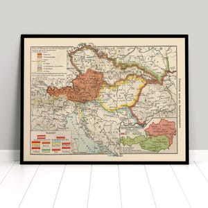 May include: A vintage map showing the Austro-Hungarian Empire in 1914. The map is in shades of red, yellow, green, and blue. The map is titled "Österreich und die Nachbarstaaten" which translates to "Austria and the Neighboring States".