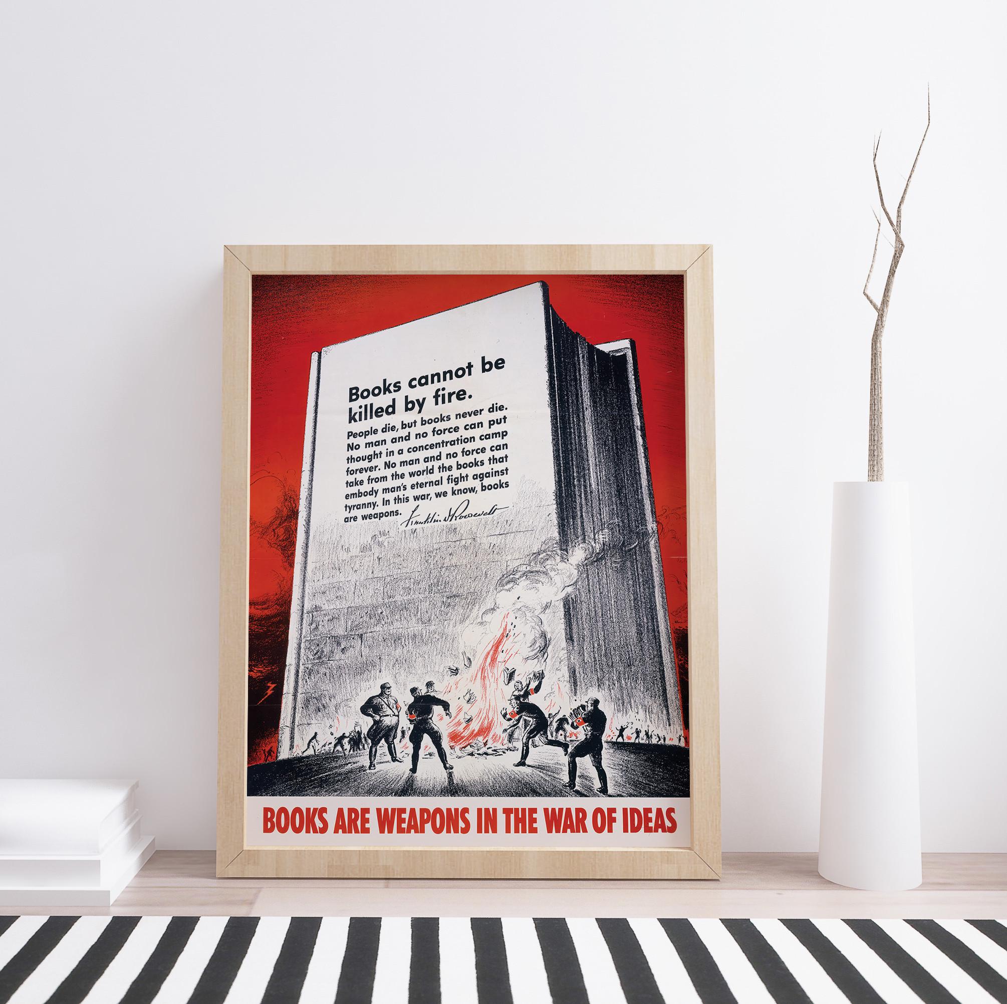 Vintage WWII "Books Are Weapons" Propaganda Poster Reproduction - 16x24 Inch, Matte Paper, Military History Wall Art