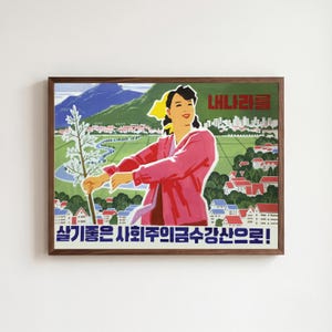 May include: A framed poster featuring a stylised illustration of a person in a pink jacket holding a white plant. The background shows a green landscape with mountains, a river, and buildings. The text reads 내나라를 and 살기좋은 사회주의금수강산으로!