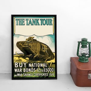 Cartel de propaganda británica de la Primera Guerra Mundial: "Comprar bonos de guerra", tanques, Reino Unido, Gran Bretaña, Primera Guerra Mundial, Patriotismo, Impresión artística de pared.