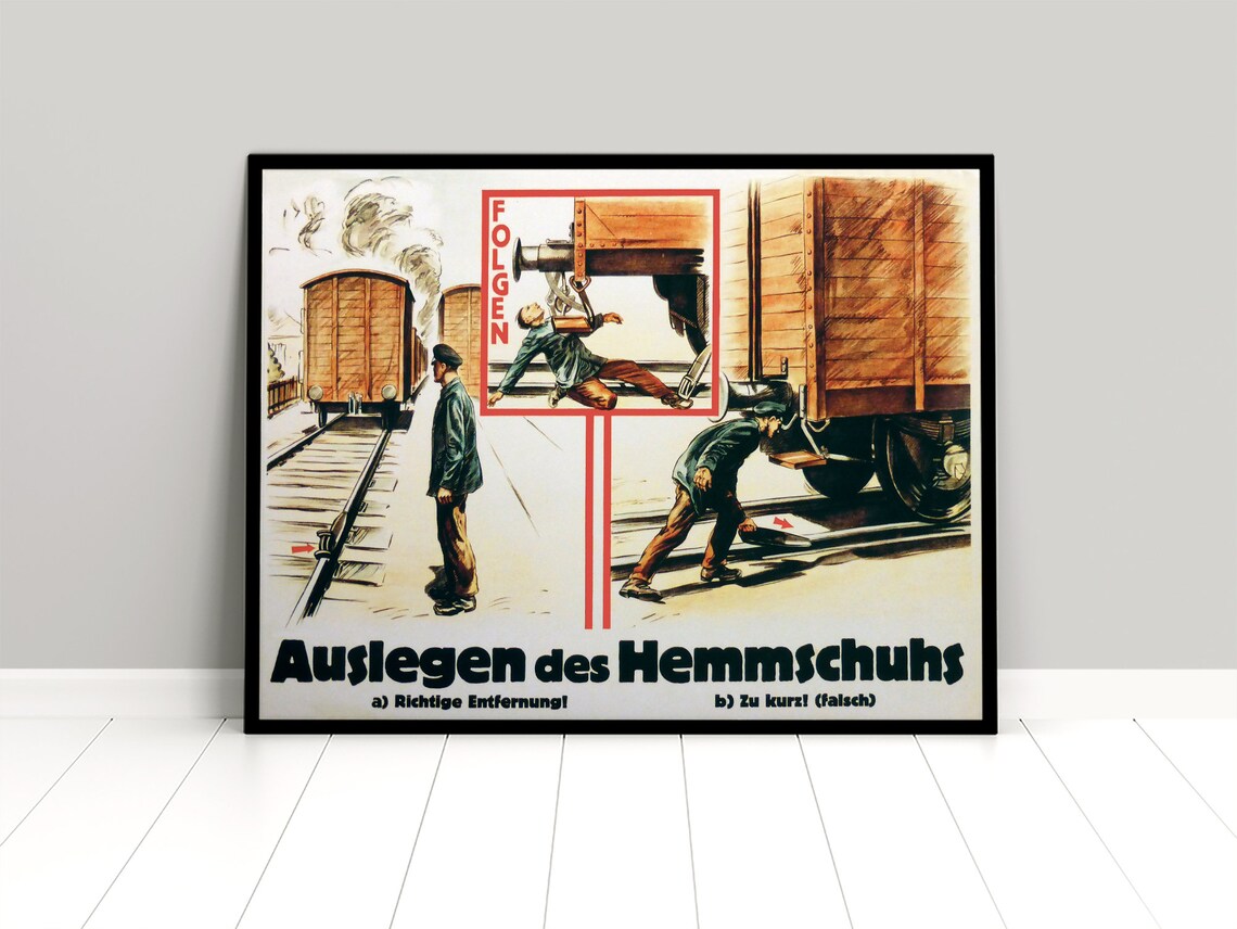 Plakat Zakładanie płozu hamulcowego Koleje Drugiej Rzeszy Parowóz Deutsche Bahn DB Niemiecka Kolej Federalna Reichsbahn zdjęcie 1