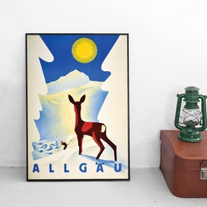 Affiche de voyage Allemagne Allgäu/Allgovie/Bavière Bavière vintage Art mural impression décoration cerf neige hiver