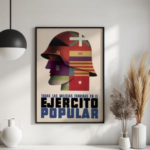 Cartel de propaganda de la Guerra Civil Española "Todas las fuerzas unidas en el ejército popular" Gobierno del Frente Popular Republicano Guerra civil España imagen 4