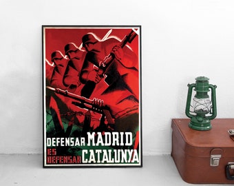 Cartel de propaganda de la Guerra Civil Española UGT "Defender Madrid es defender Cataluña" Impresión artística mural Sindicato Obrero de la República Española
