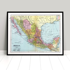 May include: A vintage map of Mexico with a black frame. The map shows the states of Mexico with different colors. The map is titled "Mexico" and includes a key with different colors and their corresponding states.