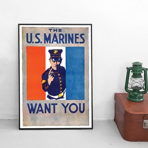 Recruitment Poster USA &quot;The US Marines want you&quot; war effort motivation Second World War Patriotism WWII WW2 Art Wall Print Propaganda