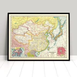 Carte de la Chine et du Japon de 1920 / République de Chine / République chinoise / Vintage / Poster / Impression historique de l'histoire de la décoration intérieure de la dynastie des Qing