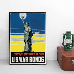 Poster USA "US war bonds" Statue of Liberty / Yiddish / Hebrew / Jews / motivation Second World War Patriotism WWII Print Propaganda Zionism