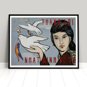 Cartel de propaganda de la guerra de Vietnam "La victoria es tuya" Vietnam del Norte Impresión del Viet Cong de Ho Chi Minh