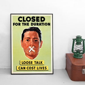 Propaganda Poster USA & UK &quot;Careless talk costs lives&quot; Spies war effort motivation Second World War Patriotism WWII WW2 Wall Print Spy